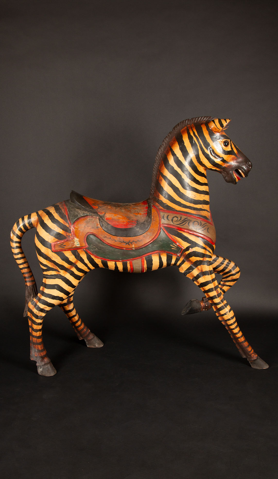 Large Folk Art Carved & Painted Wooden Carousel Zebra