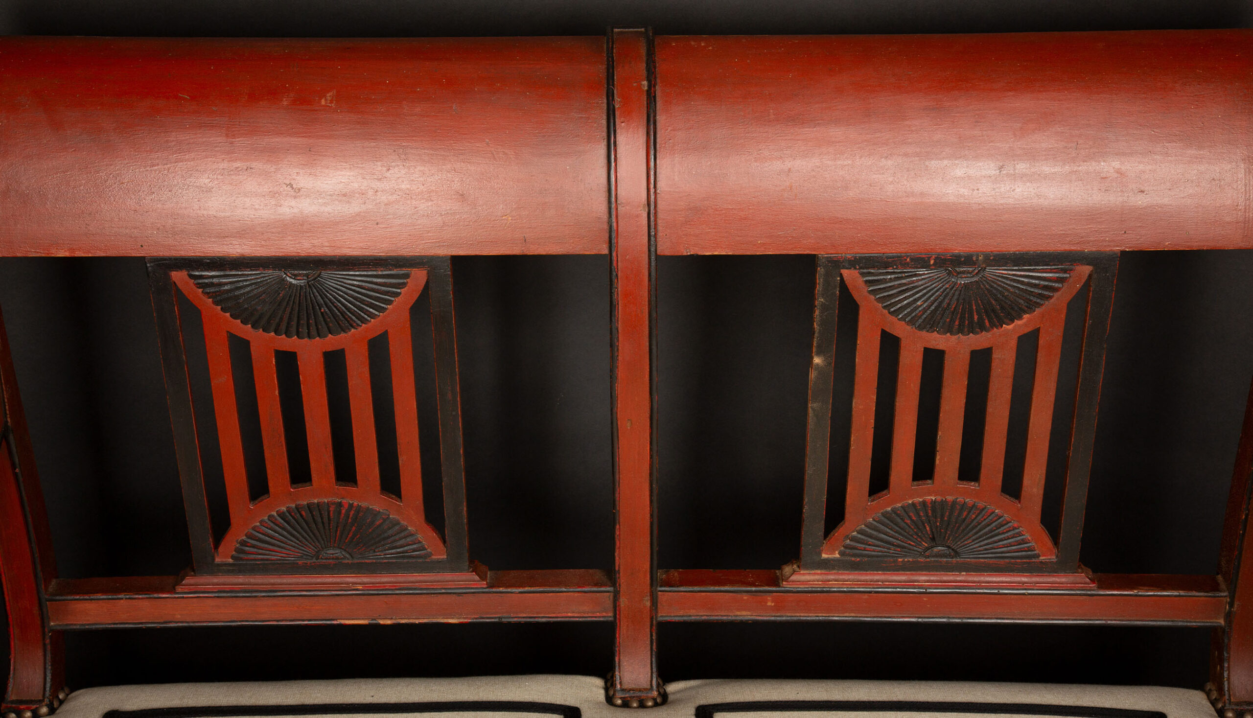 Directoire Period Oxblood Salon Suite w/ Saber Legs and Scrolled Backs, Late 18C