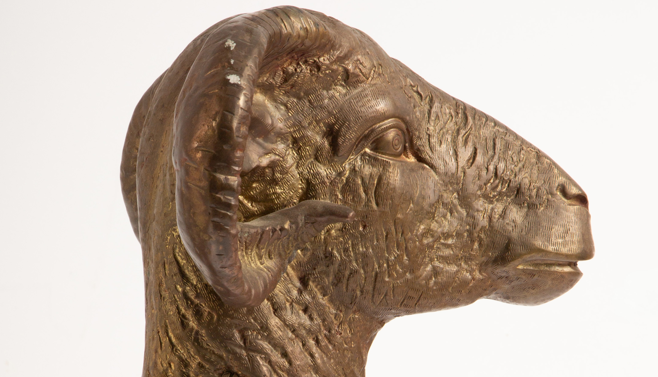 Majestic Indian Brass-Mounted Wooden Ram Sculpture