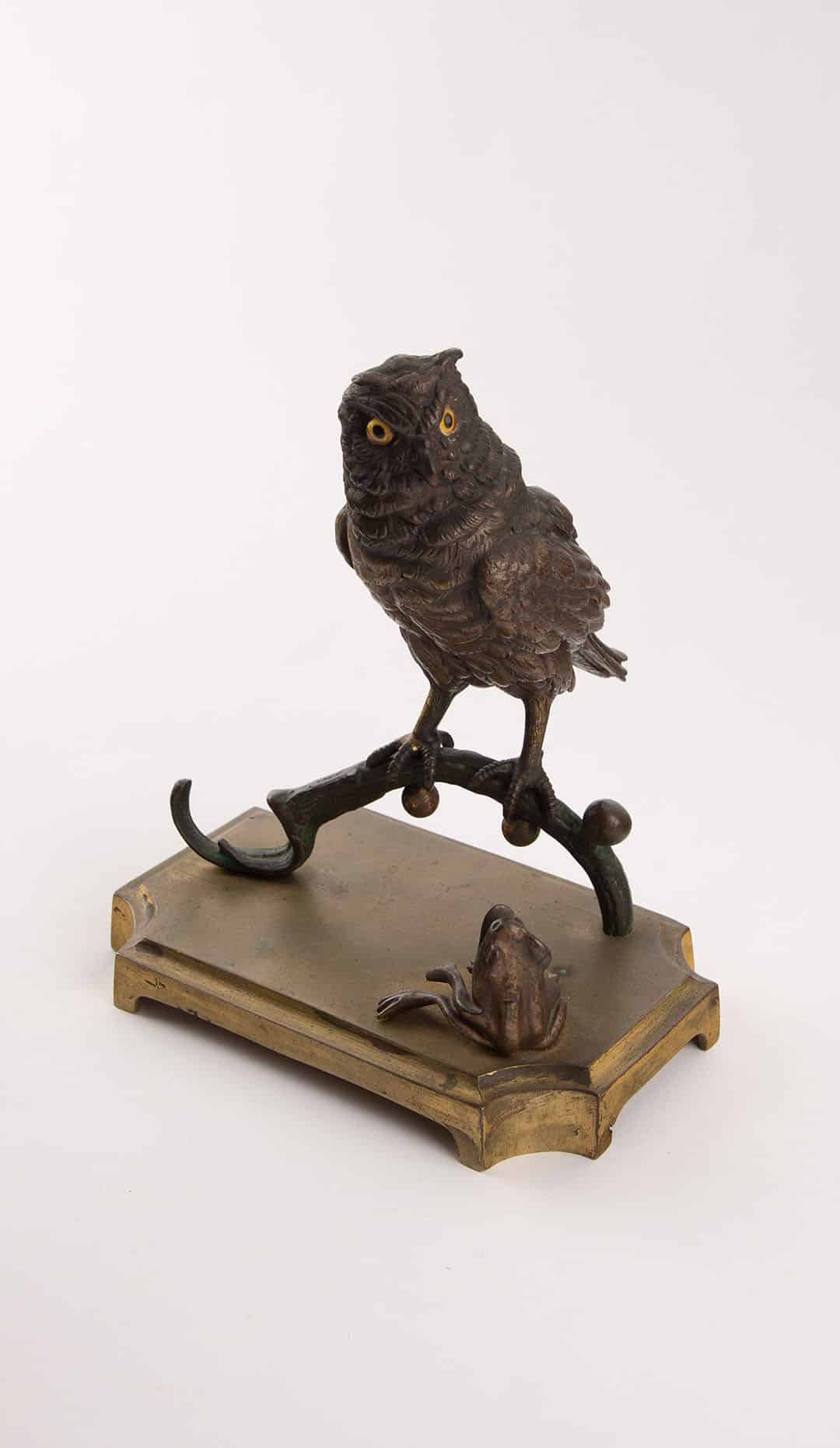 Late 19th Century Patinated Bronze Owl and Frog on Gilt Bronze Base