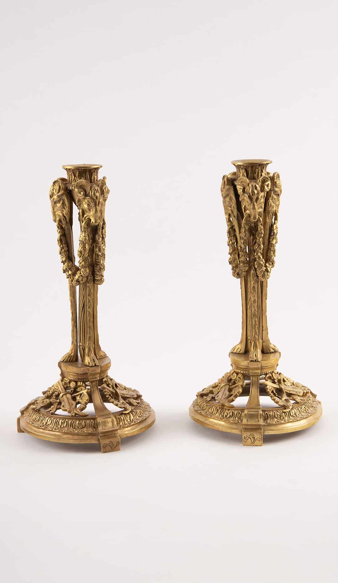 Pair of 19th C French Gilt Bronze Ram’s Head Candlesticks w Musical Motifs