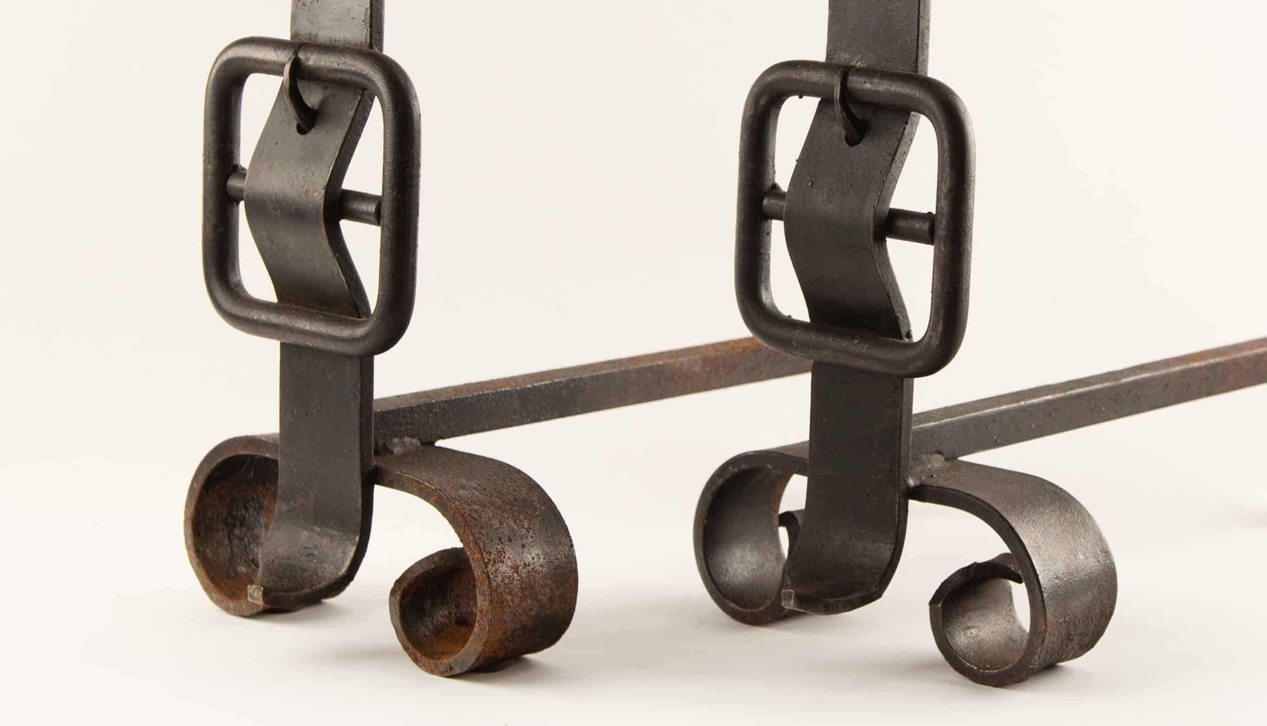 Buckle & Burn: 19th Century Forged Iron Andirons with Colonial Charm