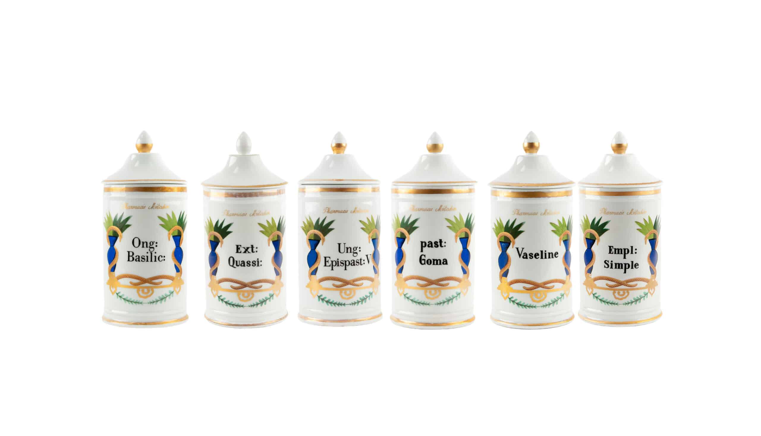 Antique 19th C French Apothecary Jars with Hand-Painted Neoclassical Decoration