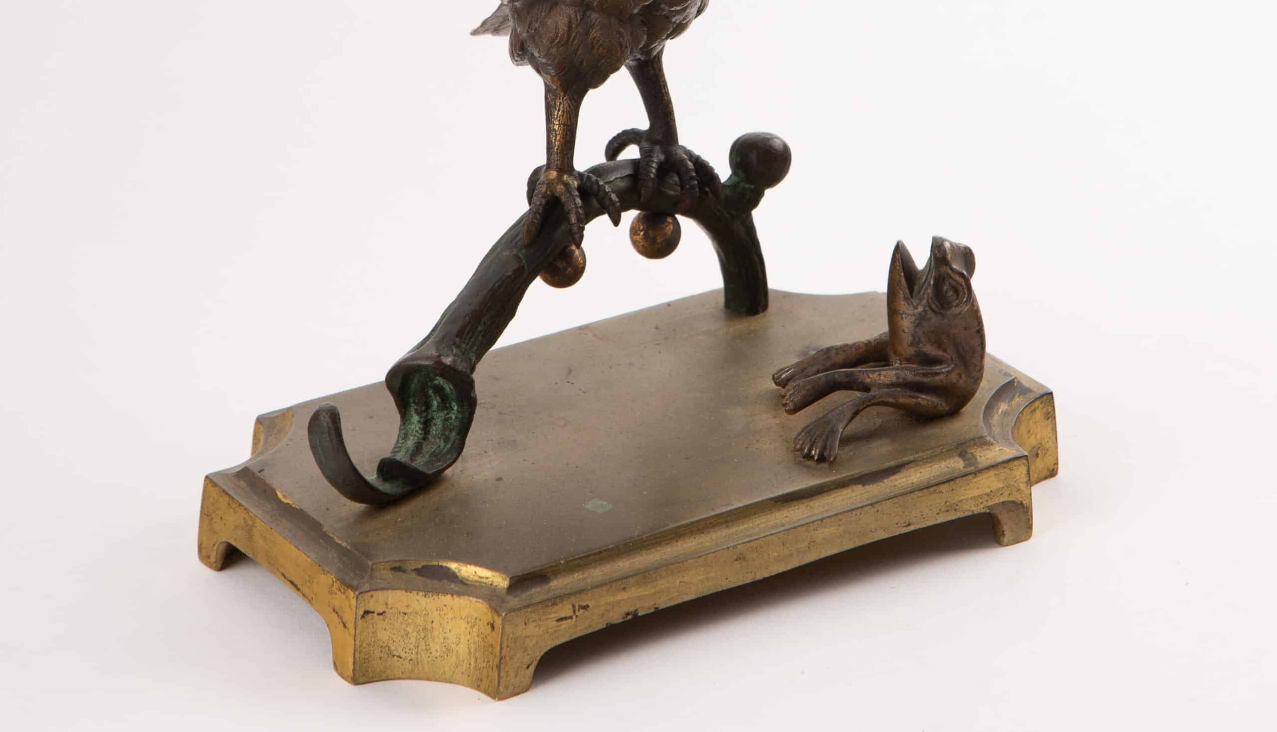 Late 19th Century Patinated Bronze Owl and Frog on Gilt Bronze Base