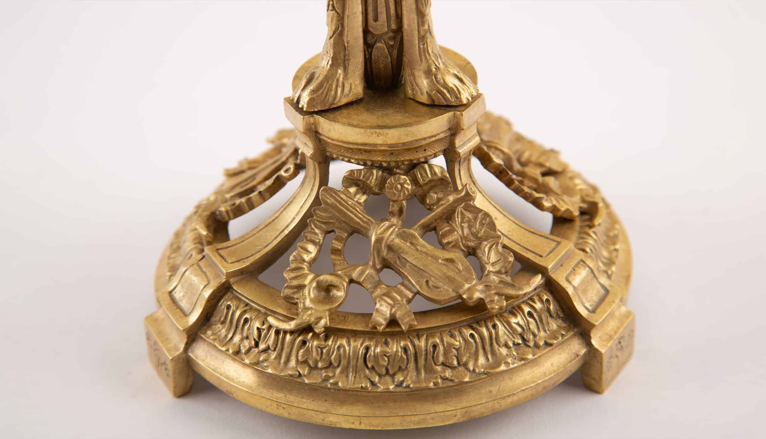 Pair of 19th C French Gilt Bronze Ram’s Head Candlesticks w Musical Motifs