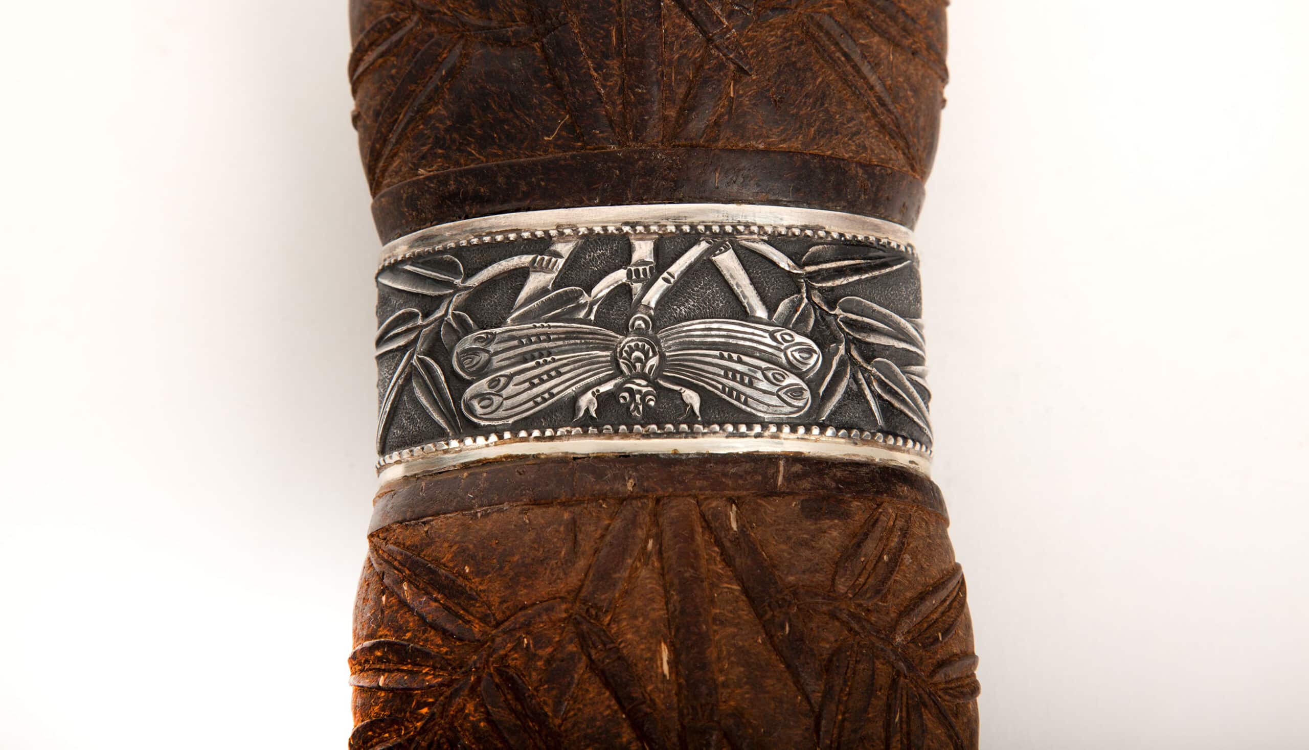 19th Century Dragonfly-Decorated Carved Coconut with Silver Mounts