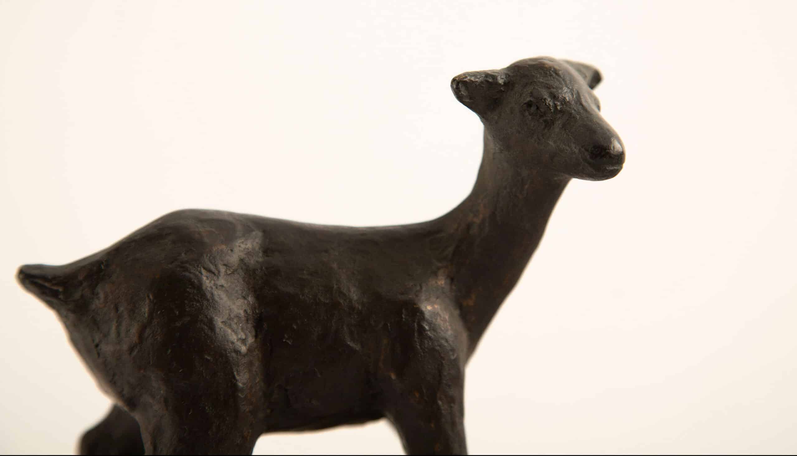 20th C Antique Bronze Baby Goat on Wooden Plinth, Signed KEN
