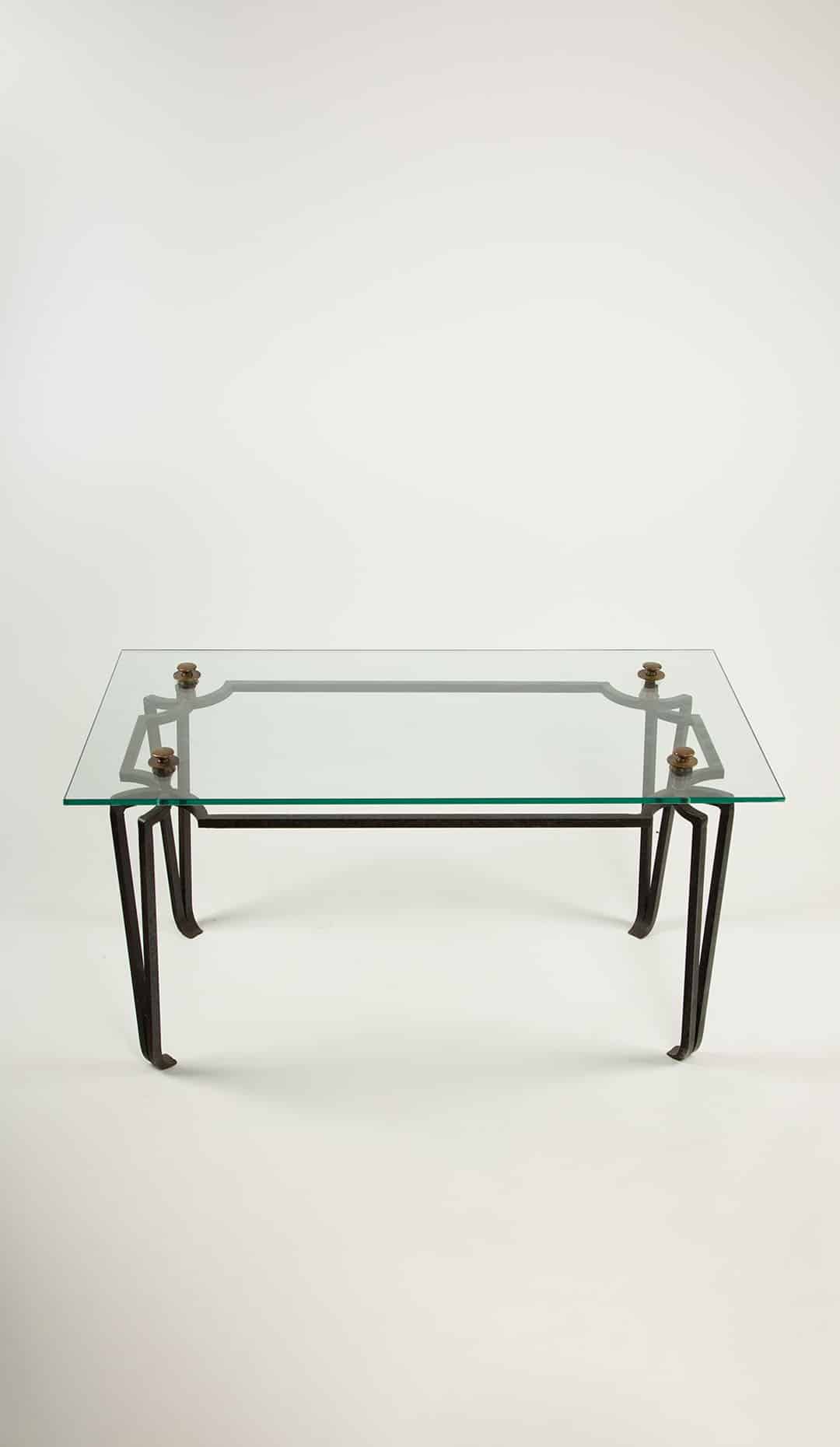 French Art Deco Wrought Iron and Glass Coffee Table with Bronze Finials 20th C.