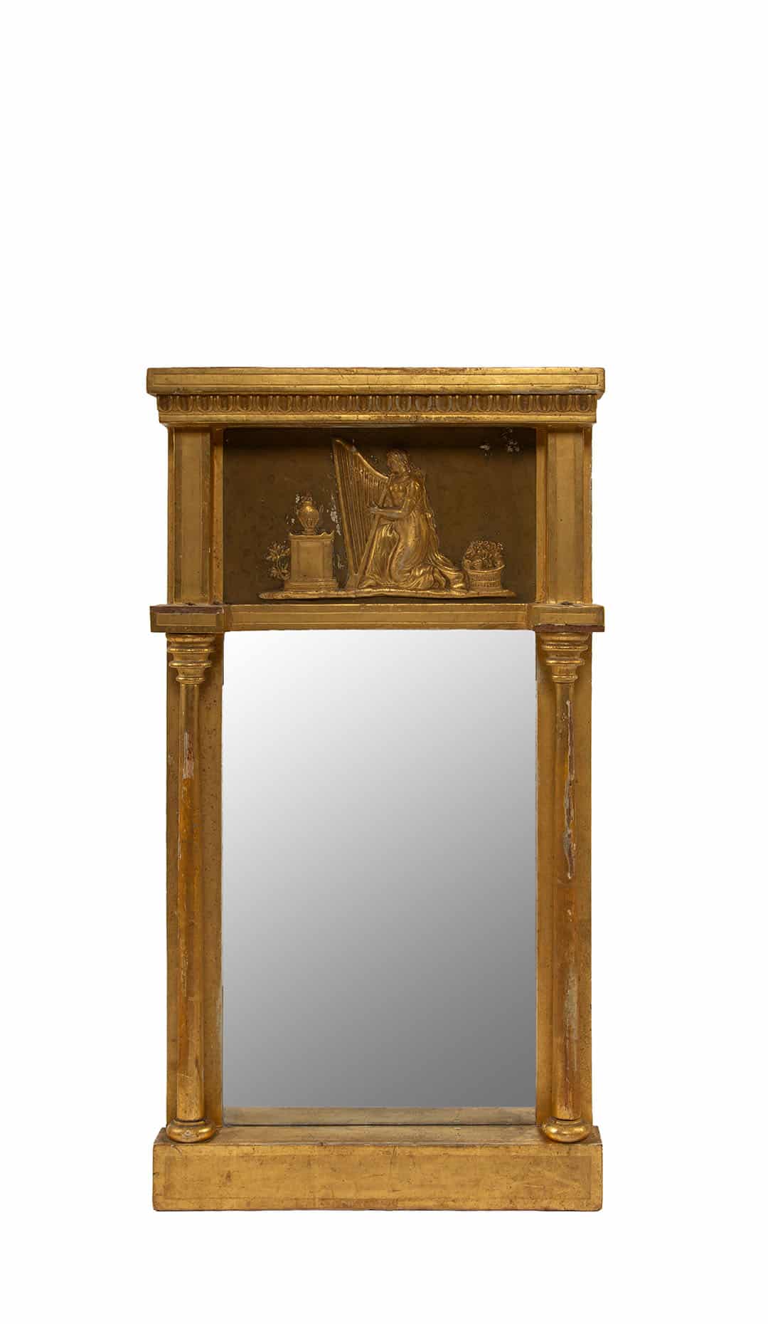 Antique 19th C French Giltwood Mirror, Neoclassical with Classical Harp Relief