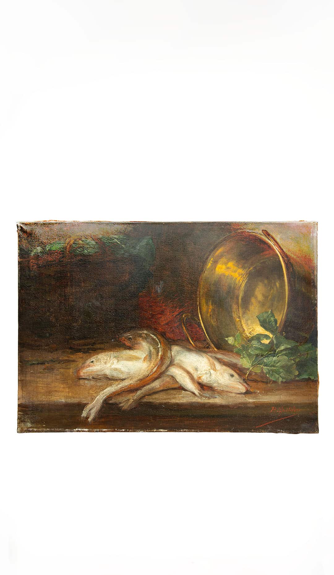 Paul Spihler, Still Life with Copper & Fish, Swiss Realist Oil on Canvas, 19th C