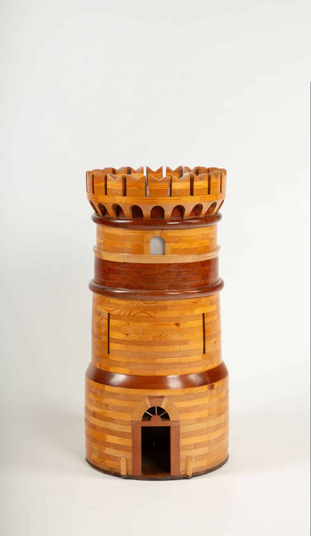 20th C Handcrafted Wooden Castle Model with Interior Illumination and Marquetry