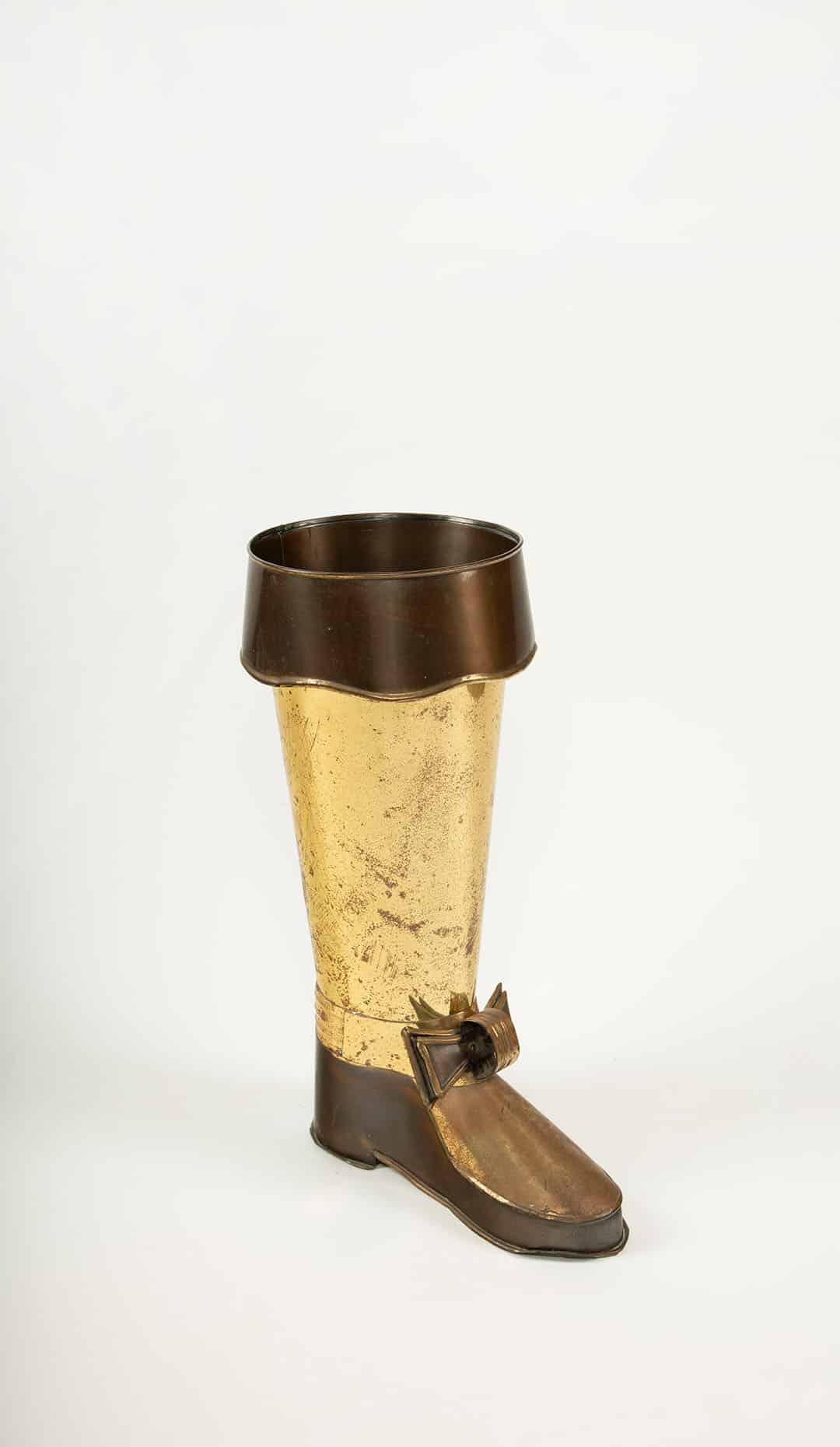 Whimsical Boot-Form Brass Umbrella Stand, Mid-20th Century