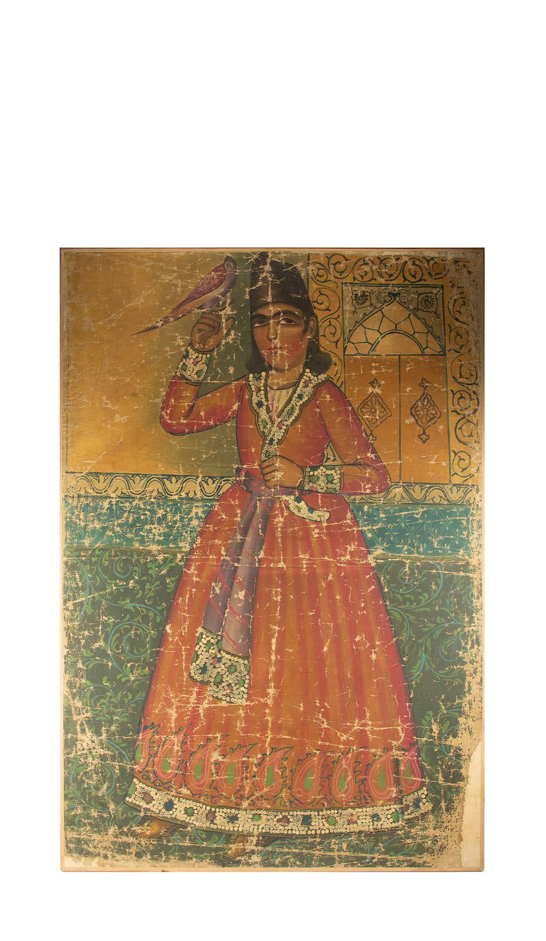 Qajar School Oil Painting of a Man with Bird, Iran, Early 20th Century