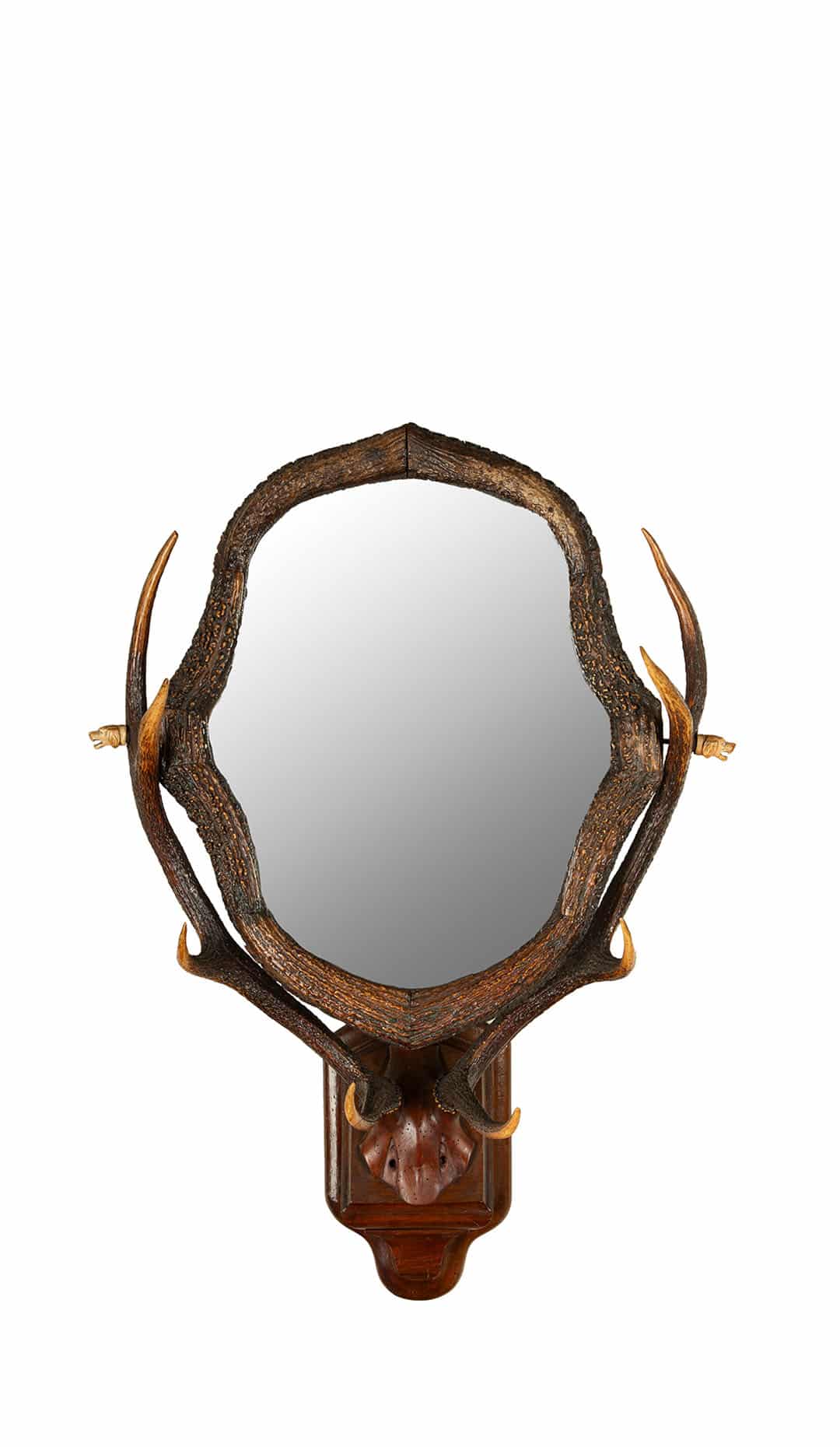 Antique 19th Century Black Forest Stag Antler Mirror with Carved Bone Dog Heads