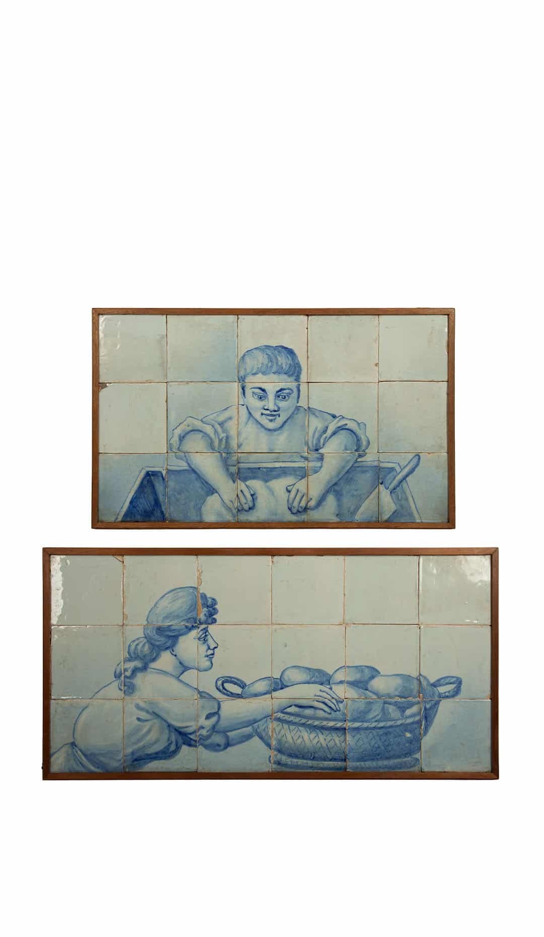 Rare Pair of Early 19th C Portuguese Hand-Painted Azulejo Panels - Bakery scenes