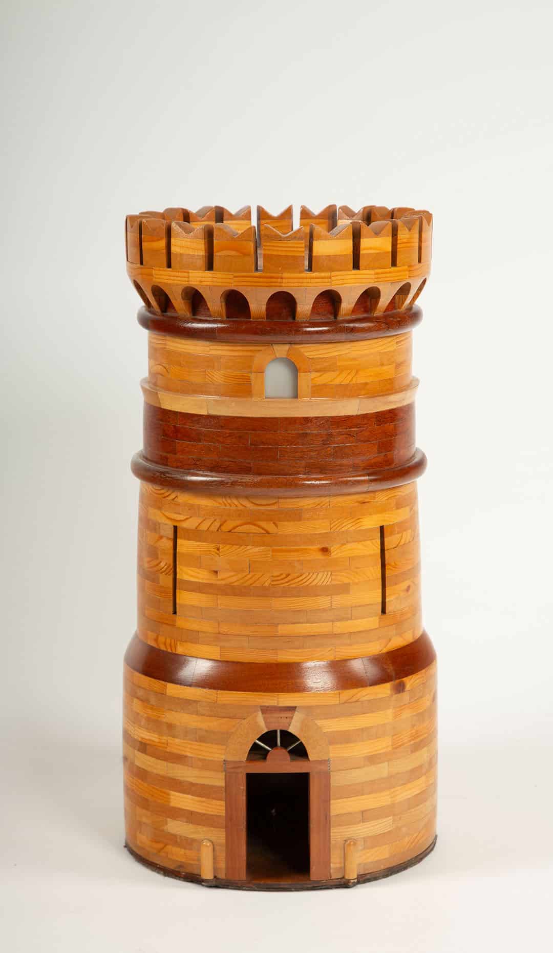 20th C Handcrafted Wooden Castle Model with Interior Illumination and Marquetry