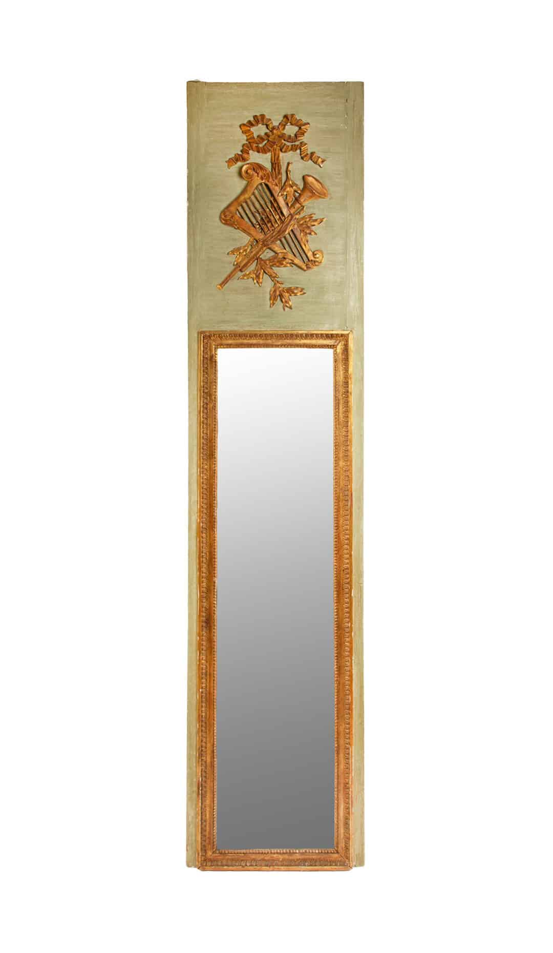 Antique French Trumeau Mirror, Early 20th C, Green-Painted with Giltwood Trophy