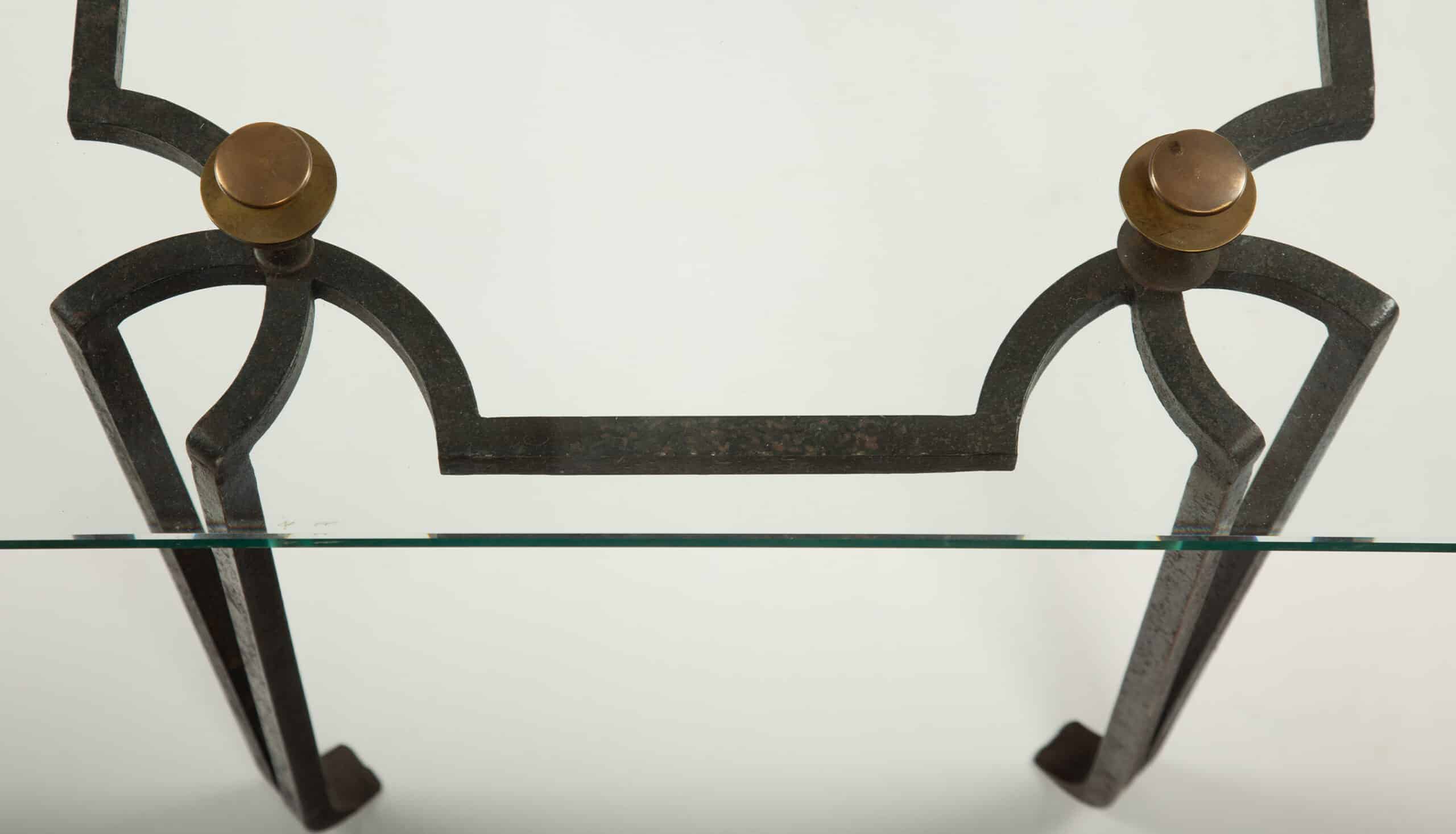French Art Deco Wrought Iron and Glass Coffee Table with Bronze Finials 20th C.