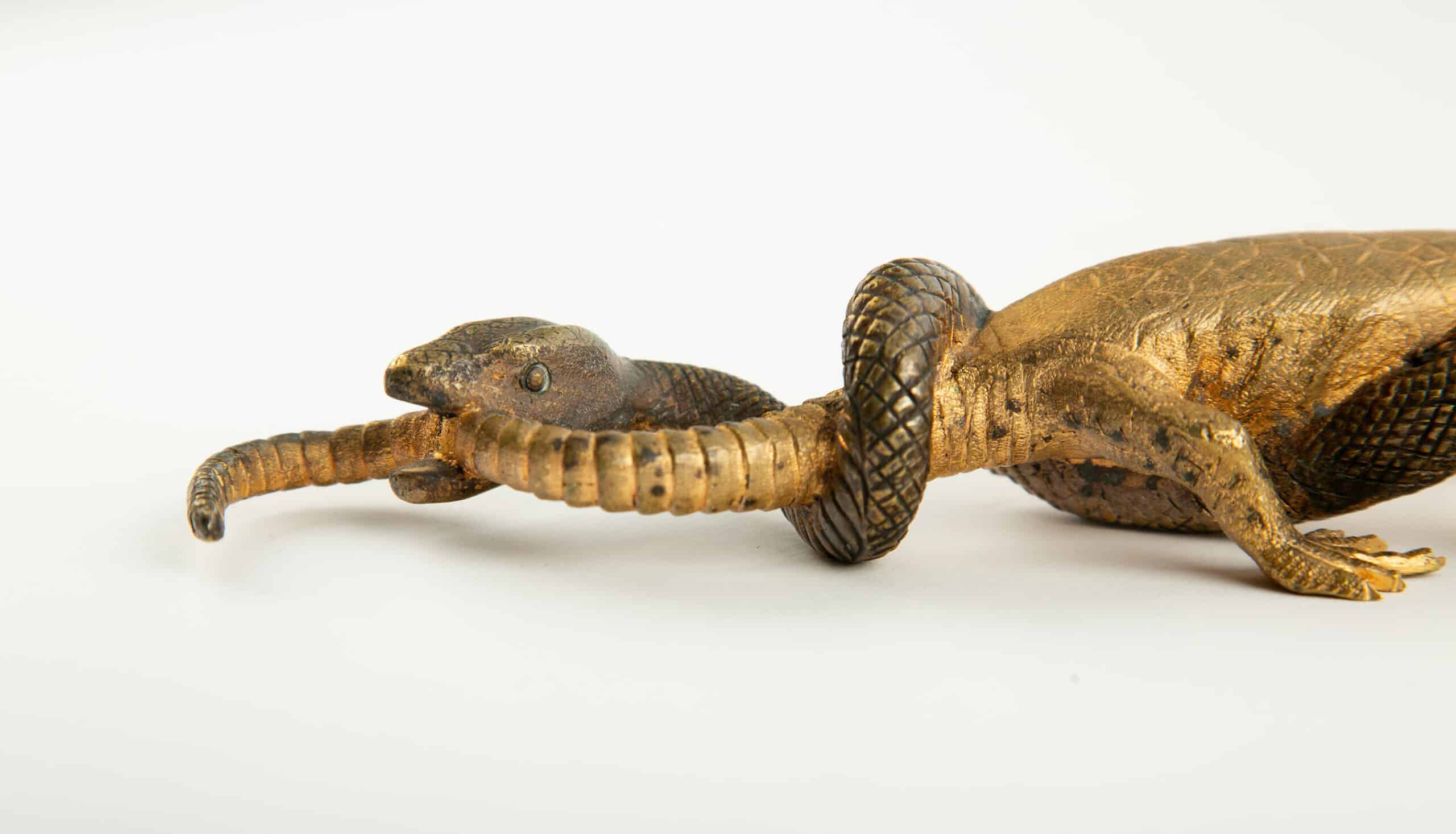 19th Century Lizard and Snake: Nature's Battle Captured in Gilt Bronze