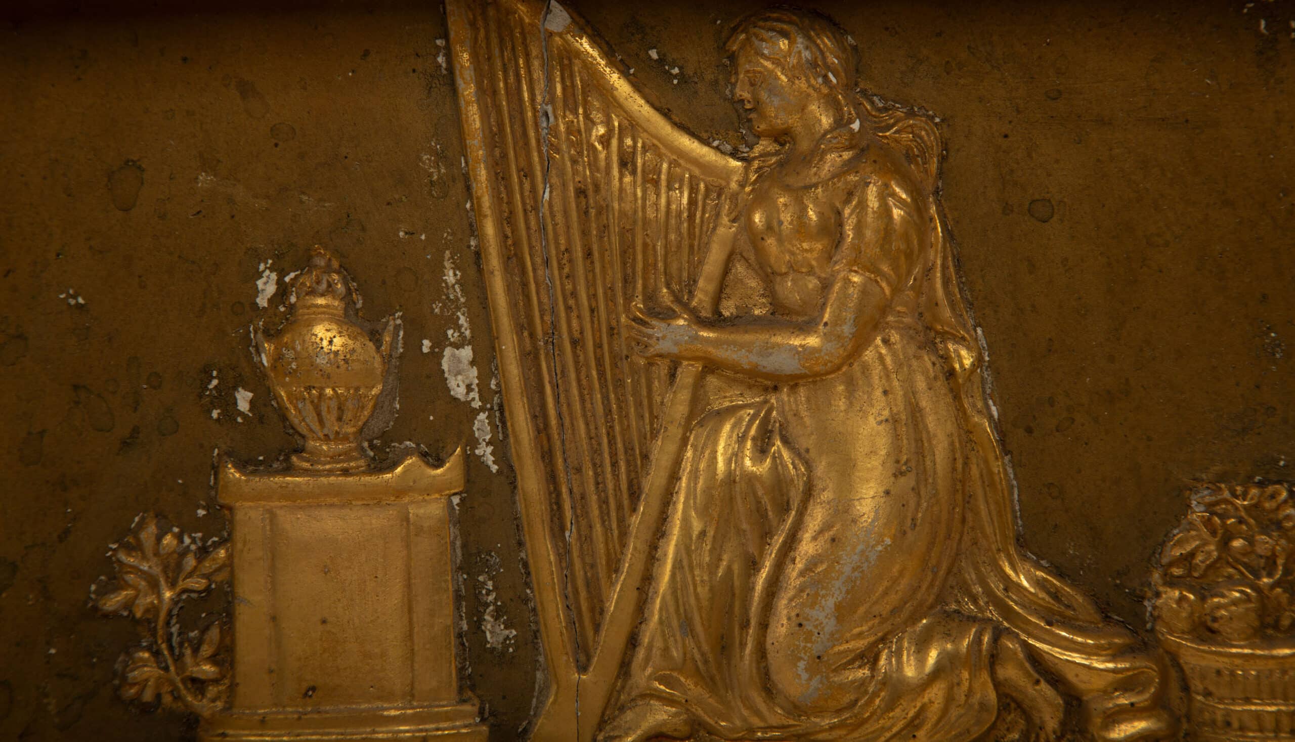 Antique 19th C French Giltwood Mirror, Neoclassical with Classical Harp Relief