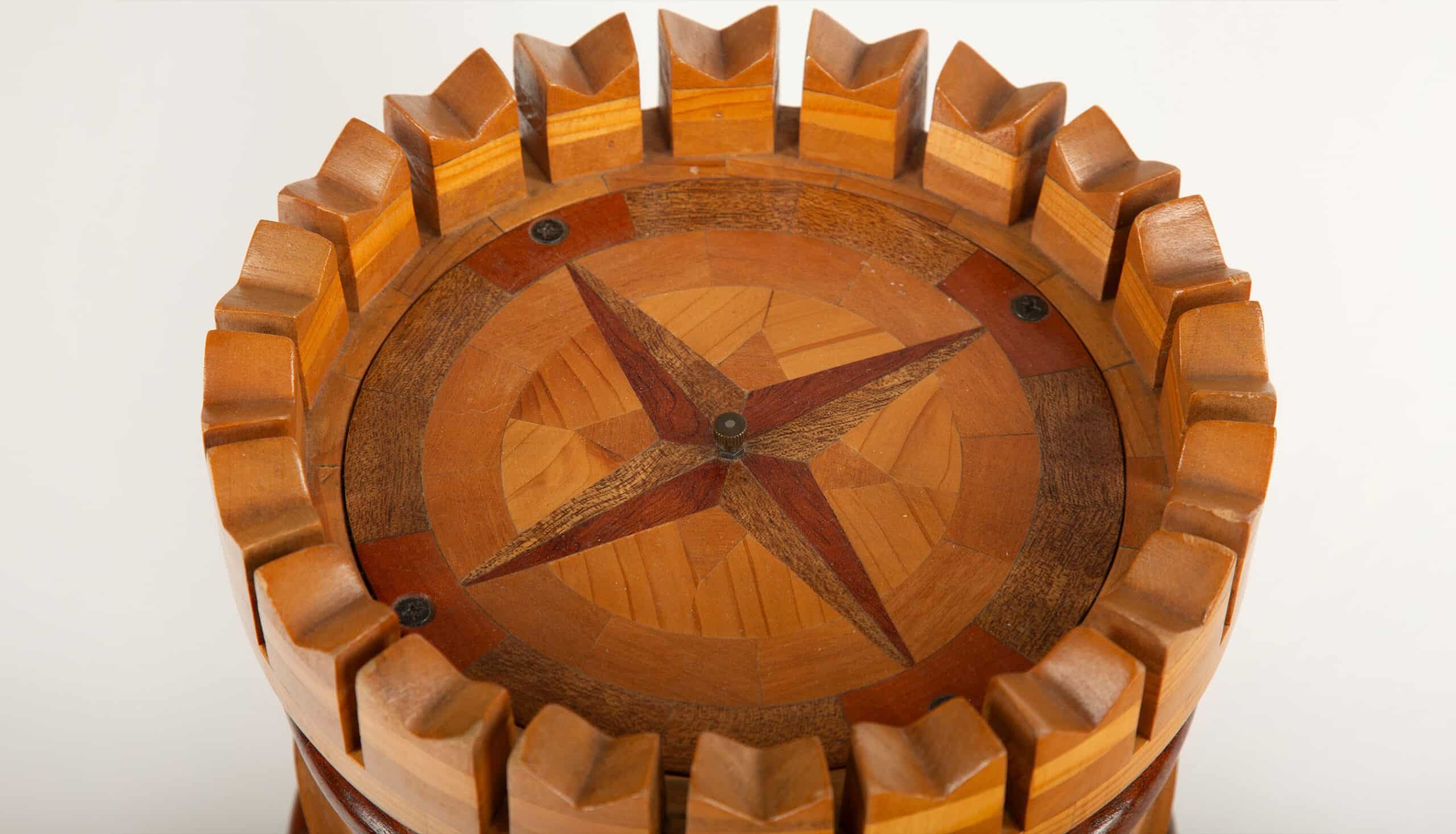 20th C Handcrafted Wooden Castle Model with Interior Illumination and Marquetry