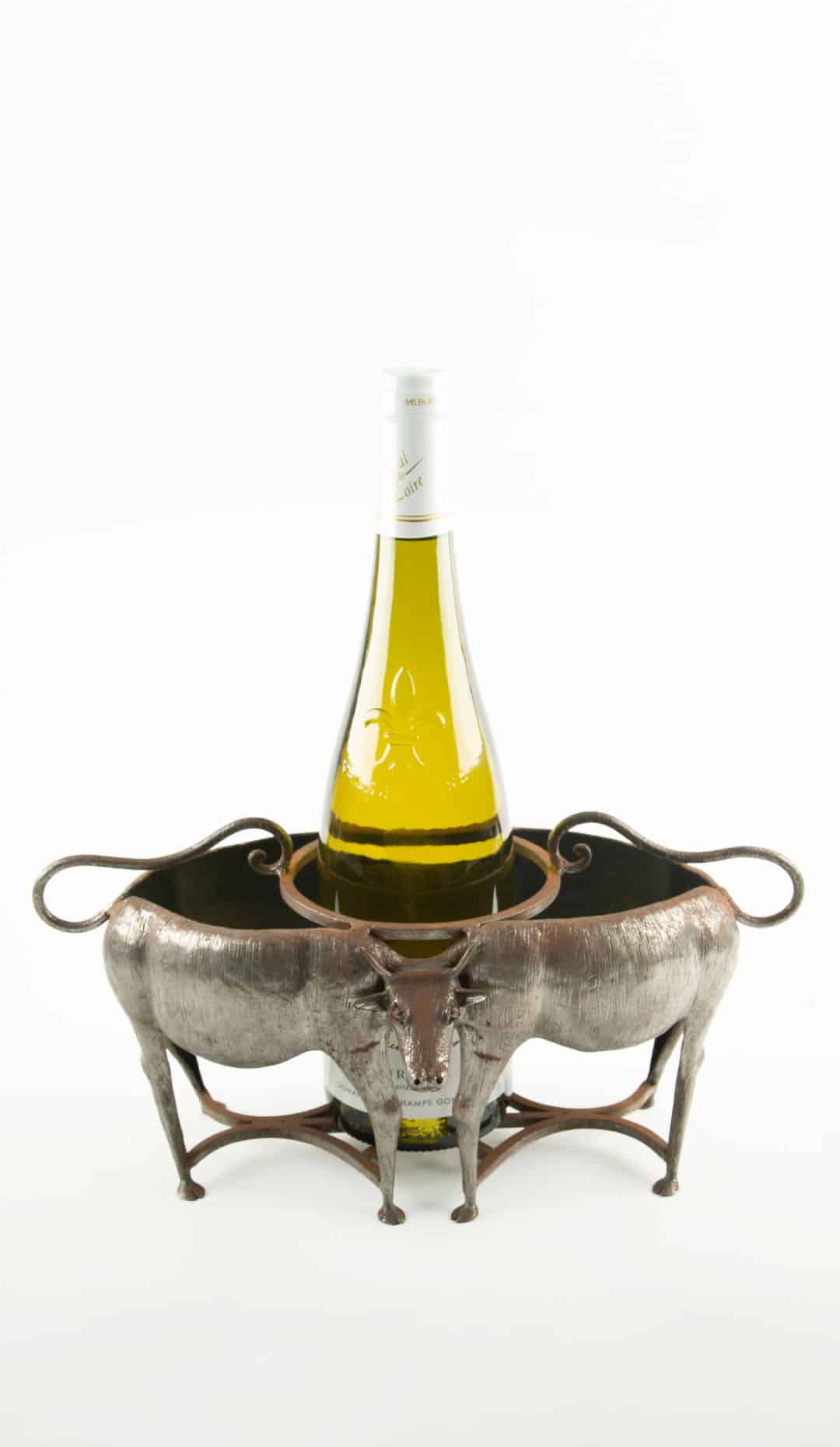 Burgundy Bovine Bottle Butler: French Silver-Plated Cow Bottle Holder, 20th C
