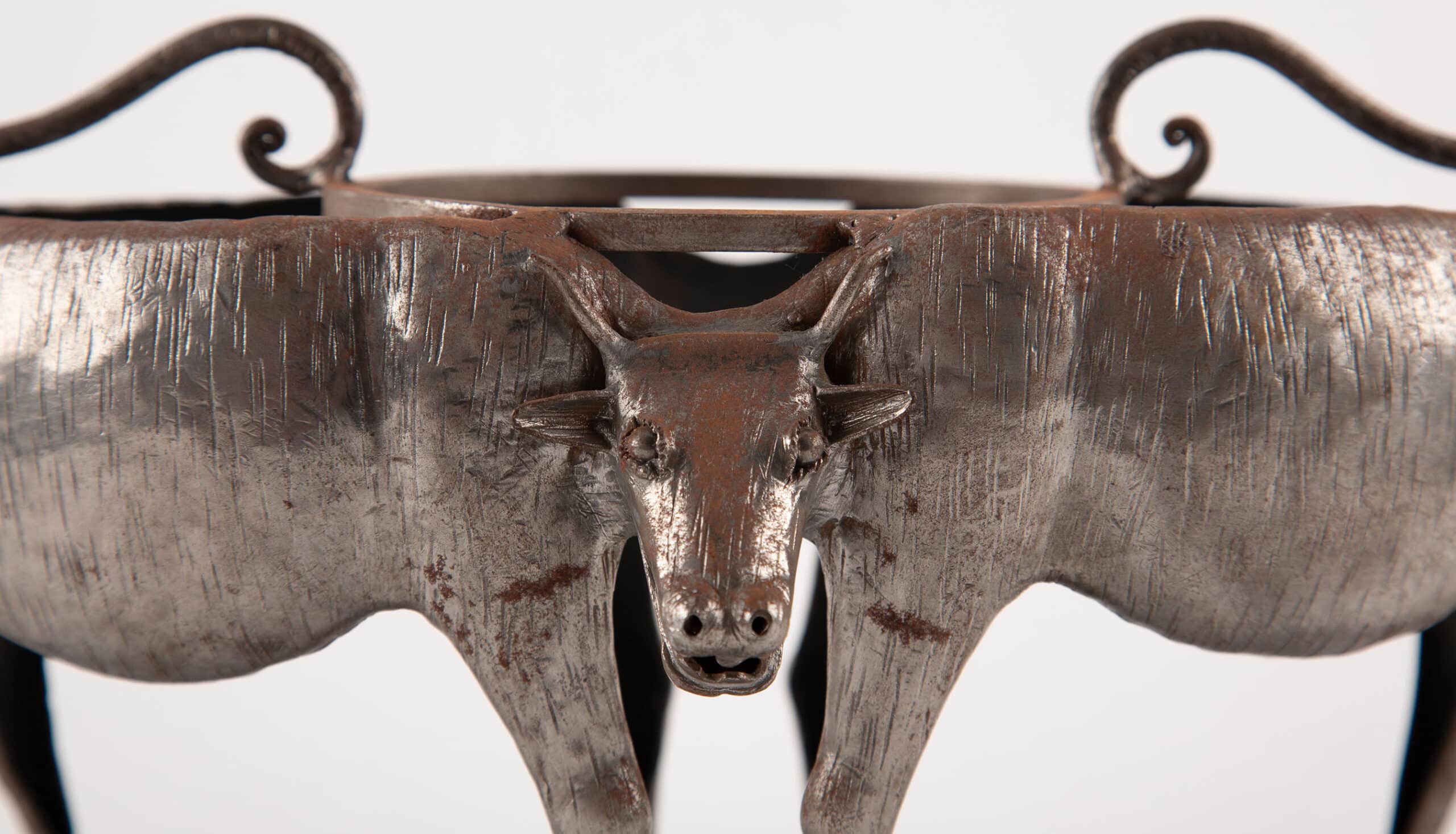 Burgundy Bovine Bottle Butler: French Silver-Plated Cow Bottle Holder, 20th C