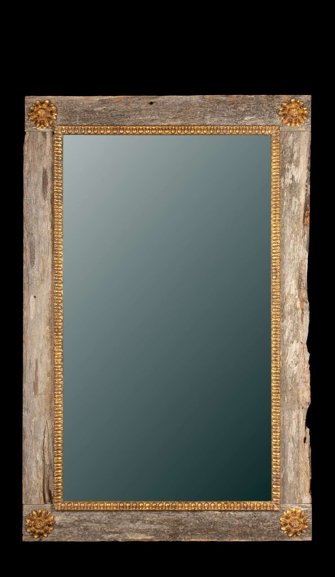 Elegant French Mirror with Rustic Wood Frame and Gilded Accents- Contemporary
