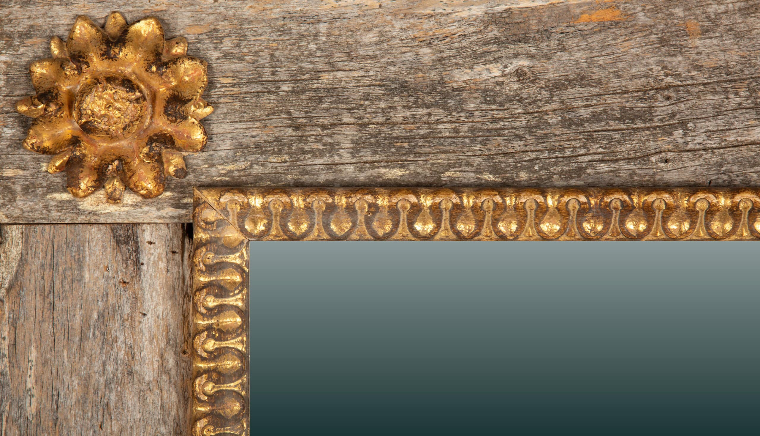 Elegant French Mirror with Rustic Wood Frame and Gilded Accents- Contemporary