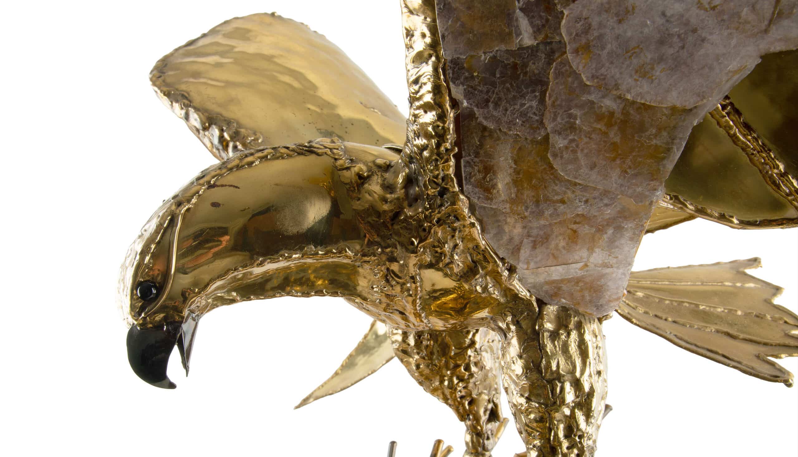 Large Sculptural Brass Eagle Lamp with Amethyst Geode, 1970's