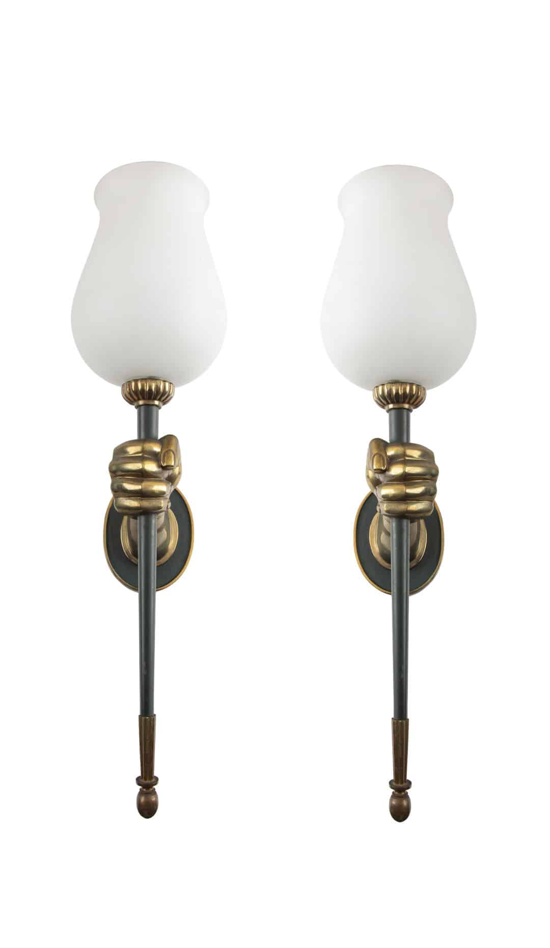 Bronze Hand-Form Wall Sconces with Opaline Shades by Maison Arlus (Pair)