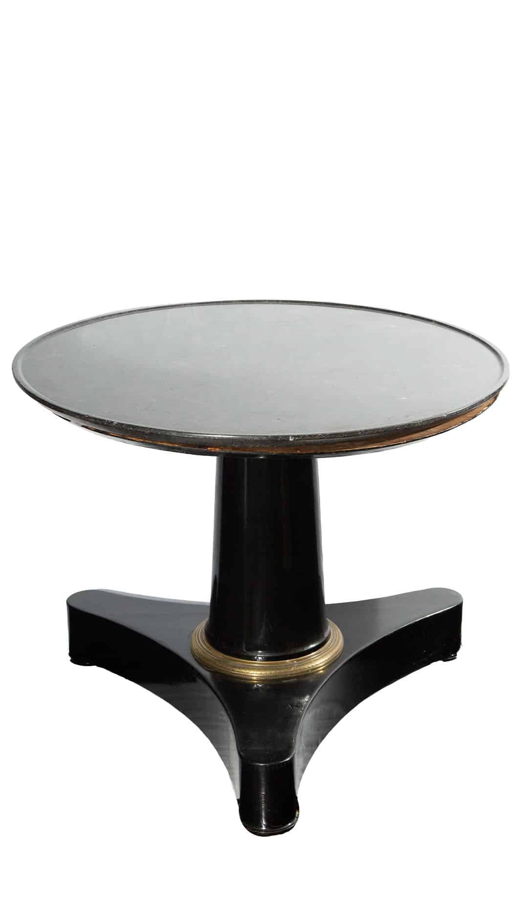 19th-C. Black Lacquer Pedestal Table w Fossil Stone Top and Gilt-Bronze Elements
