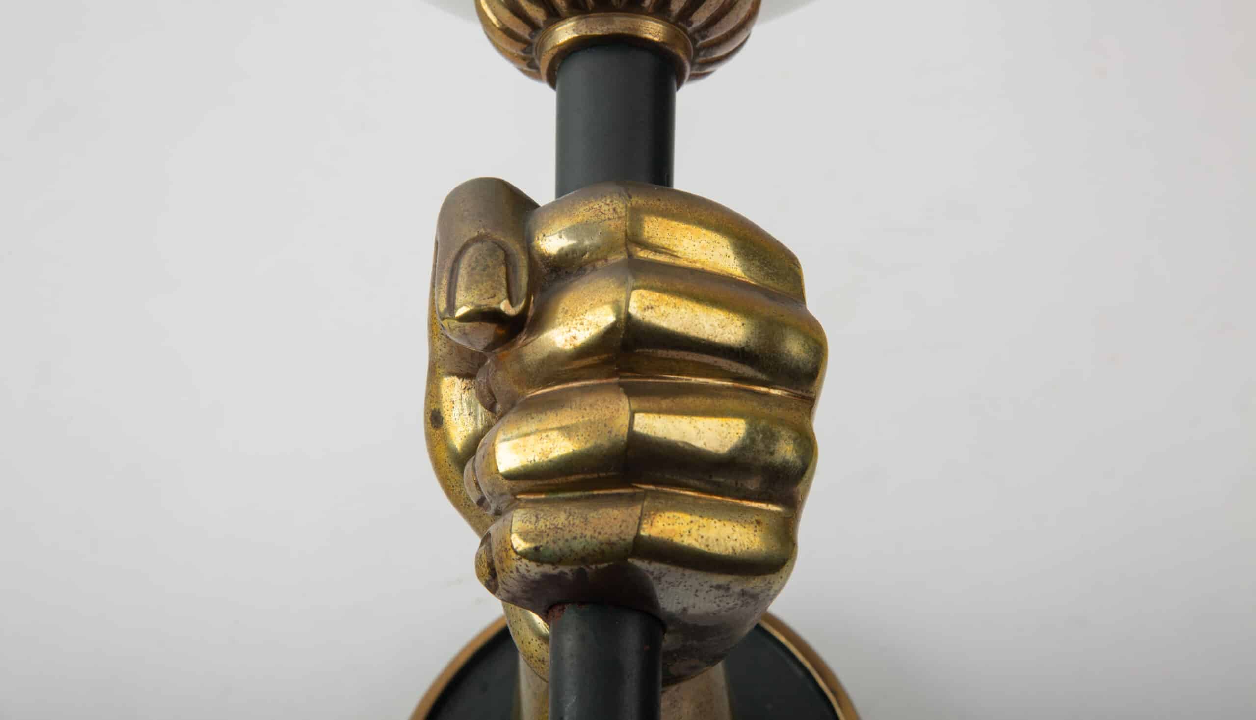 Bronze Hand-Form Wall Sconces with Opaline Shades by Maison Arlus (Pair)