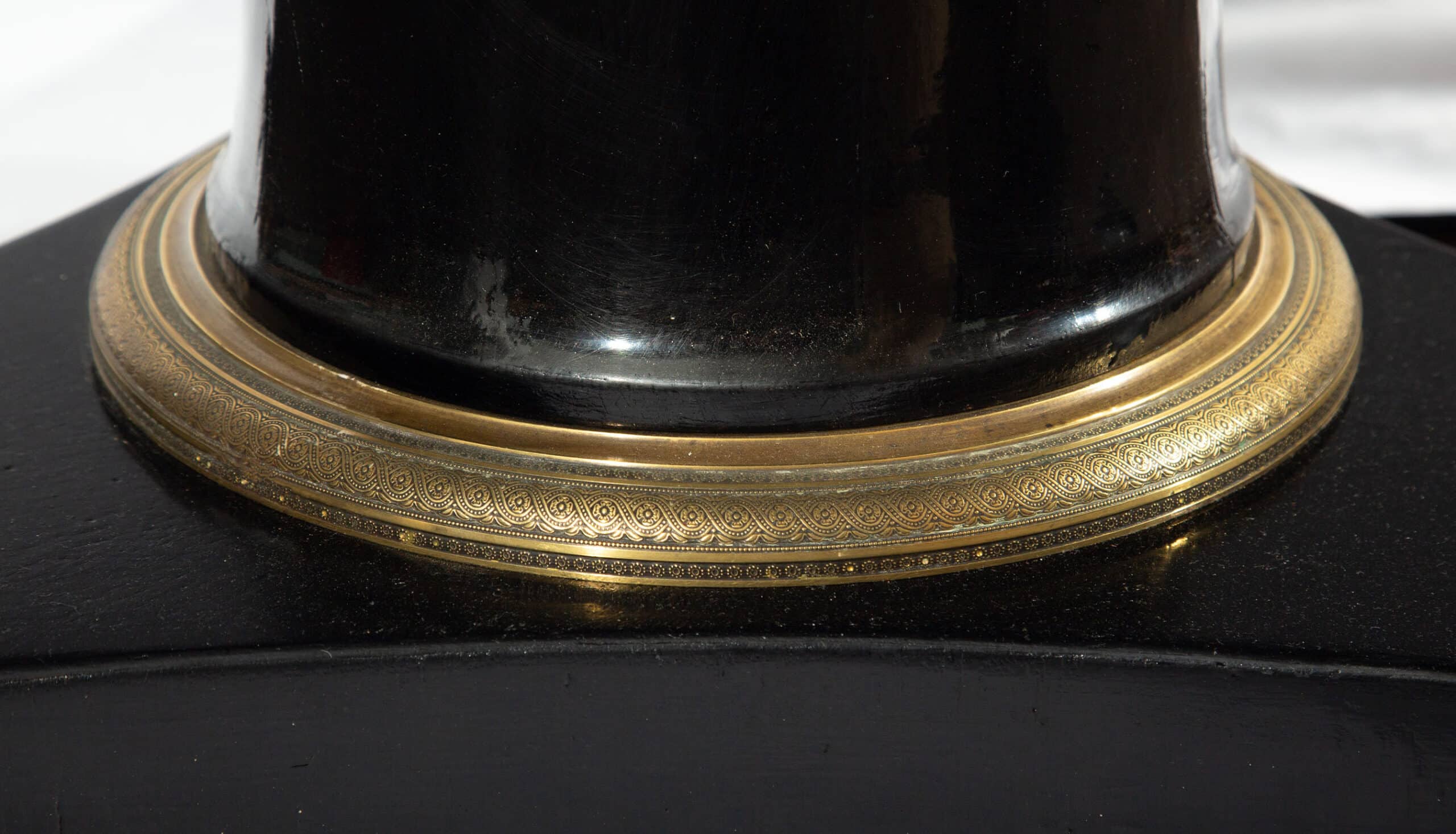 19th-C. Black Lacquer Pedestal Table w Fossil Stone Top and Gilt-Bronze Elements