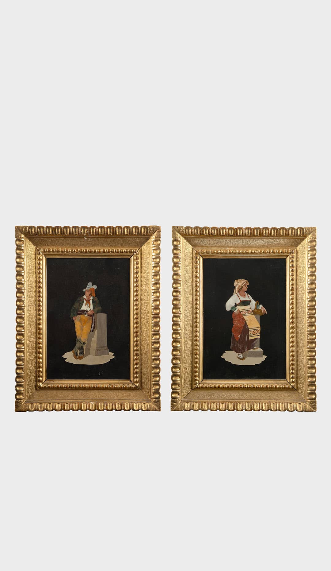 Pair of Early 20th Century Gilt framed Pietra Dura of a Man and a Woman